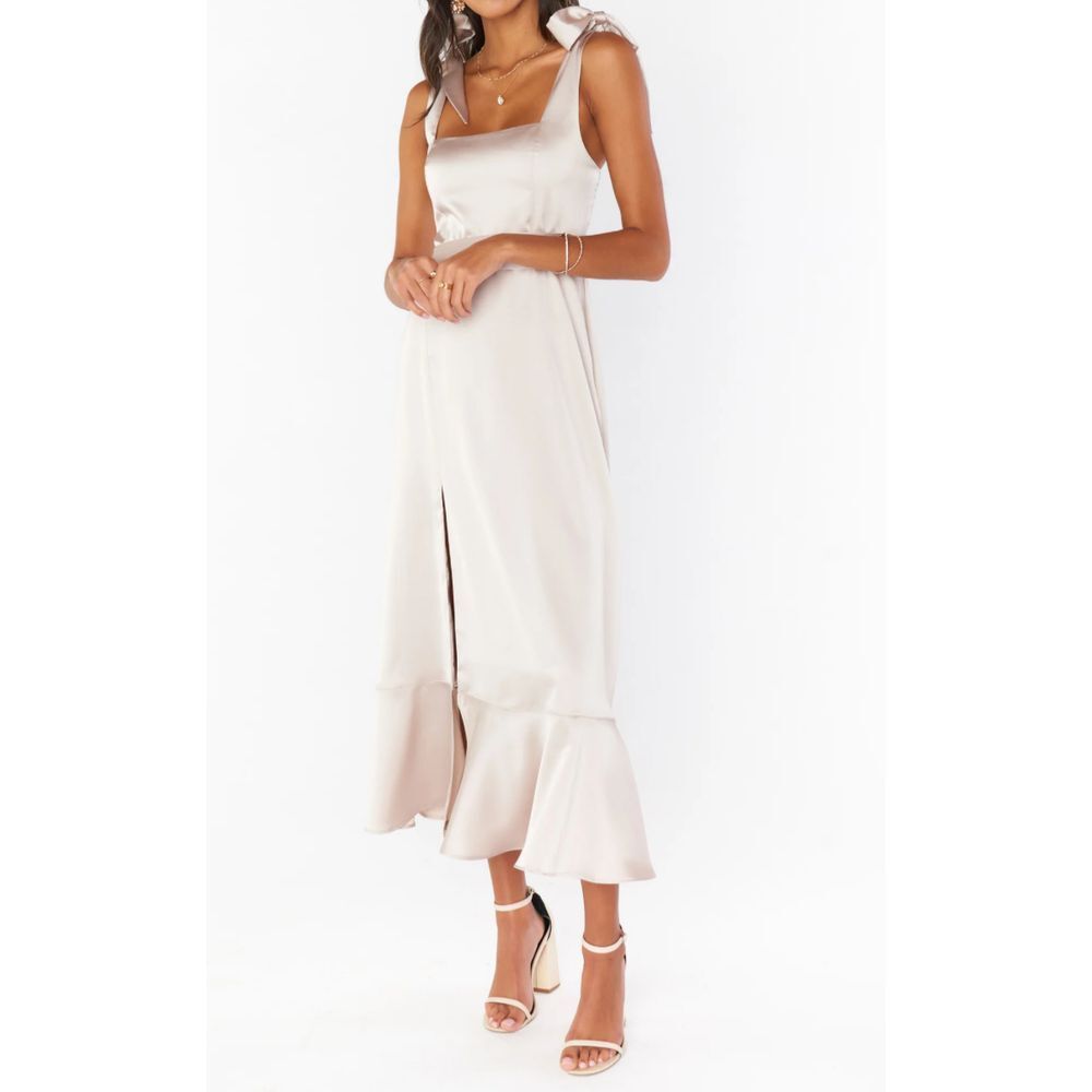 Show Me Your Mumu Claire Midi Dress Show Me The Ring Luxe Satin Champagne S y1